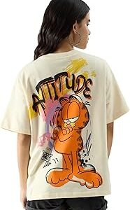 Official Garfield: Attitude Women and Girls Oversize Fit Half Sleeves Graphic Printed Cotton Beige Color T-Shirt