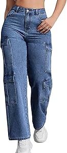 Fashion Denim Blue Women Cargo Jeans | High Waist Stretchable Wide Leg Loose Fit Denim| Boyfriend Cargo Jeans for Women(WJ-1224)