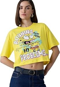Official Spongebob: Running Away Women and Girls Oversize Fit Half Sleeve Graphic Printed Cotton Yellow Color Cropped Top