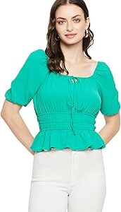 Tie-Up Square Neck Solid Green Textile Top for Women
