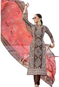 Women's Mirror Work Bandhani Printed Unstitched Pure Cambric Cotton Salwar Suits Dress Material with Chiffon Printed Dupatta (Brown)