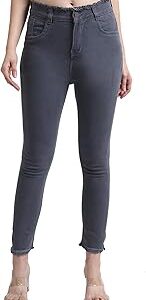 Women's Single Button Strechable Jeans with Raw Edges/Fringed Hem