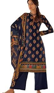 Women?? woven wool hand embroidered winter wear printed Unstitched Salwar Suit dress material with pure bemberg chiffon dupatta