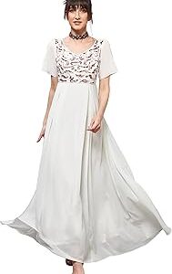 Women's Off White V-Neck Short Slit Sleeve Embroidered Georgette Maxi Dress