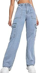 Fashion High Waist Cargo Denim Jeans for Women Wide Leg Stretchable Straight Fit Jeans(WJ1-1215-$)