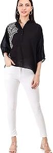 Rayon Casual Top | Embroidered Top with 3/4 Kimono Sleeves & Mandarin Collar | Ideal for Casual & Stylish Look | Color- Black |