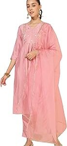 Women's Pink Crepe Silk Yoke Embroidery Kurta with Pant and Dupatta