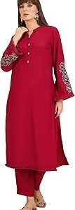 Women's Red Embroidered Silk Blend Straight Kurta & Pant Set (IESTR6841)