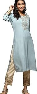 Women Powder Blue Rayon Straight Kurta Pants Suit Set