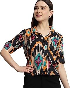 Women's 100% Cotton Casual Printed Shirt Collar Neck with Roll-Up Half Sleeve Stylish Crop Top