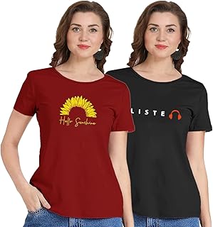 Women's Graphic T-Shirts Pack of 2, Hello Sunshine Sunflower Print and Listen Headphone Print, Round Neck, Short Sleeve Top for Girls