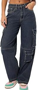 Cargo Jeans: Deep Blue Women and Girls Buttoned Cotton Blend Baggy Fit Jeans