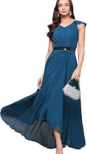 Women's Powder Blue V-Neck Ruffled Sleeve Solid Embellished Maxi Dress