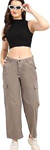 Women's Cargo Cotton Jeans I Non-Stretchable High-Waisted Solid Boyfriend Pant with Multi-Pocket I Straight Fit Trouser Track Pants for Casual Everyday Wear