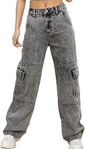 Fashion Women Cargo Jeans | High Waist Stretchable Wide Leg Loose Fit Denim| Boyfriend Cargo Jeans for Women(WJ1-1232)