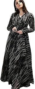 Women's Georgette Long Sleeve Round Neck All Over Print Maxi Length Anarkali Stitched Gown for Girls.