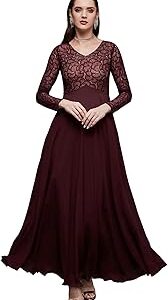 Women's V-Neck Full Sleeve Self Design Lace Overlaid Maxi Dress with Pockets (Plus