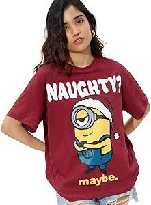 Official Minions: Naughty Women and Girls Short Sleeves Round Neck Red Graphic Printed Cotton Oversized T-Shirts