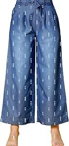 Printed Denim Wide Leg Palazzo Pants, Blue