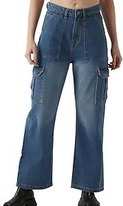 Women High Rise Washed Wide Leg 100% Cotton Cargo Jeans