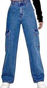 Fashion High Waist Cargo Denim Jeans for Women Wide Leg Stretchable Straight Fit Jeans(WJ11-1214)