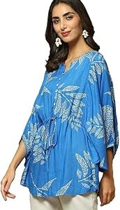 Women Blue Liva Straight Printed Top