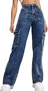 Women's High Rise High-Waist Vintage Wash, Soft Fabric, and Relaxed Look Cargo Jeans