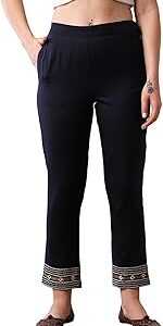 Women Blue Flat Front Partially Elasticated Mid Rise Embroidered Hem Straight Ankle Length Fusion Pants