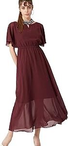 Women's Wine Red Flared Solid Embellished Gathered Maxi Dress