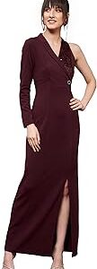 Women's Wine V Neck Asymmetric Sleeve Embellished Blazer Maxi Dress