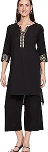 Women Black Cotton Flax Straight Kurta Pants Set