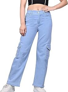 Habit Creation Women High-Rise Straight Fit Cargo Jeans |Wide Leg |Denim Cargo Pant