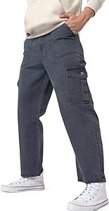 Men's Loose Baggy Fit Cargo Jeans with 6 Pockets Non-Stretchable