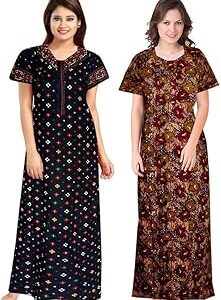 Women's Cotton Printed Nighty Night Gown Maxi Free Size (Pack of 2)