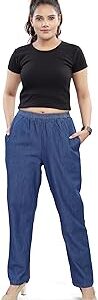 Cotton Denim Trouser/Pant for Women Blue Color with Elastic Waist and 2 Pockets