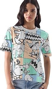 Official Peanuts: Characters Mosaic Women and Girls Regular fit Graphic Printed Half Sleeve Cotton Multi Color Women T-Shirts (227956)