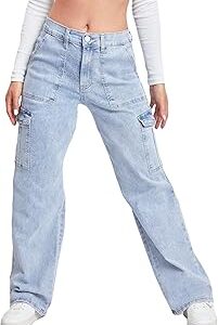 Denim Cargo Jeans for Women High Waist Straight Fit Stretchable Denim Cargos 6 Side Pocket