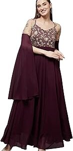 Women's Wine V-Neck Flared Long Sleeve Embroidered Fit & Flare Maxi Dress