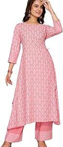 Pink Rayon Printed A-line Kurta with Pant | Kurta Set for Women