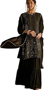 Women's Embroidered Georgette Above Knee Straight Kurta With Sharara & Dupatta (Kh9Gn7942)