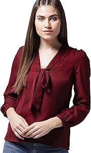 Soft Polyester Formal Stylish tie-up Office Solid Western Summer Short v-Neck Casual Plain Puff Full Sleeves Tops for Women Latest