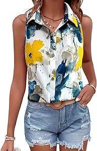 Women?s Sleeveless Button Down Shirt with Abstract Floral Print in Yellow and Blue - Lightweight Casual Summer Top for Relaxed Fit
