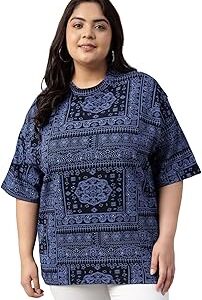 100% Pure Cotton Oversized Baggy Fit Stylish Paisley Bandana Print Half Sleeve Plus Size T-Shirt for Women & Girls (Sizes: 2XL to 5XL)