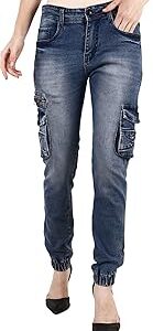 Women?s Denim Mid Rise Washed Jogger Fit Jeans (Blue)