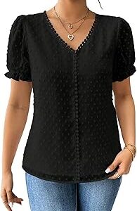 Women's Elegant French Textured Fabric Solid Black Color Lace Panel V-Neck Jacquard Blouse,Short Puff Sleeve Tops Simple Daily Spring/Summer Casual Blouse Shirt (Top 178)