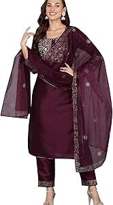 Women's Silk Blend Yoke Design Embroidered Straight Kurta Pant with Dupatta