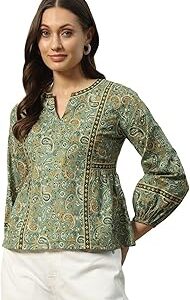 Women's Green Floral Printed Cotton Top
