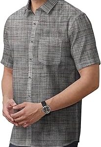 Men's Cotton Khadi Shirt, Half Sleeve, Front Pocket, Textured Pattern