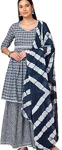 Women Printed Cotton Kurta Palazzo Dupatta and Belt Blue (Pack of 4)