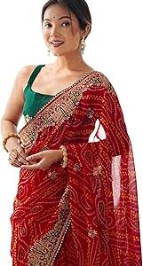 Women's Georgette Bandhani Printed Sequence Embroidery Lace Saree With Unstitched Blouse Piece